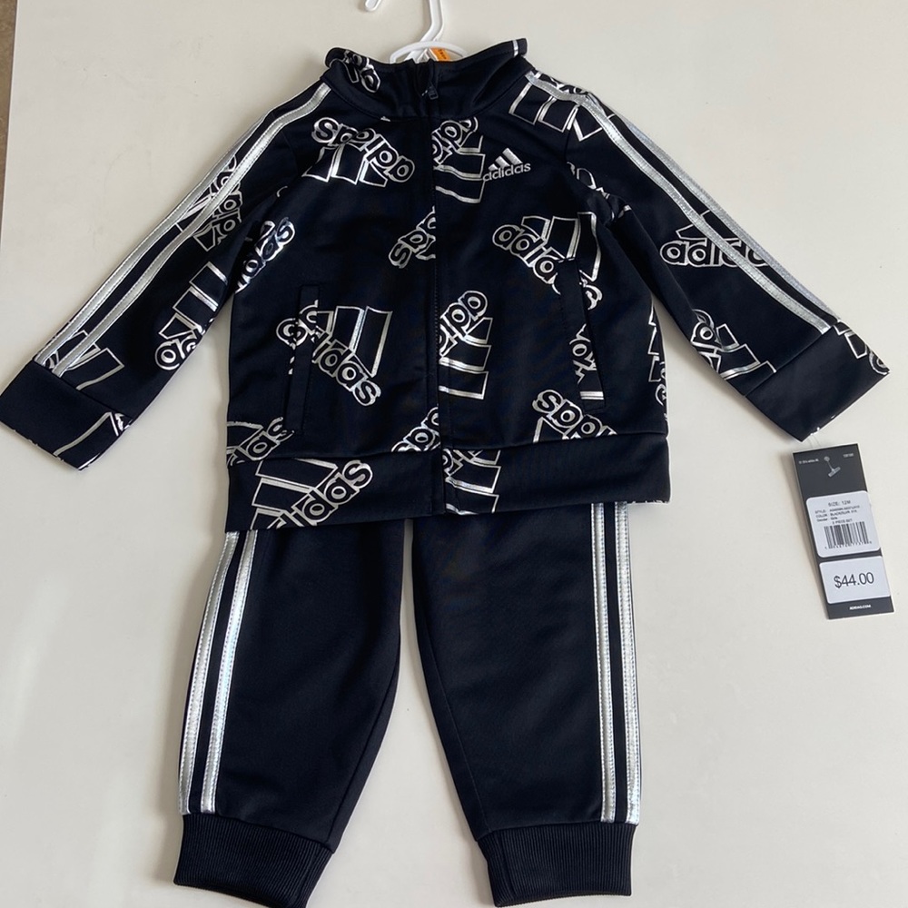 Adidas two piece tracksuit, black and silver girls size 12 months never worn